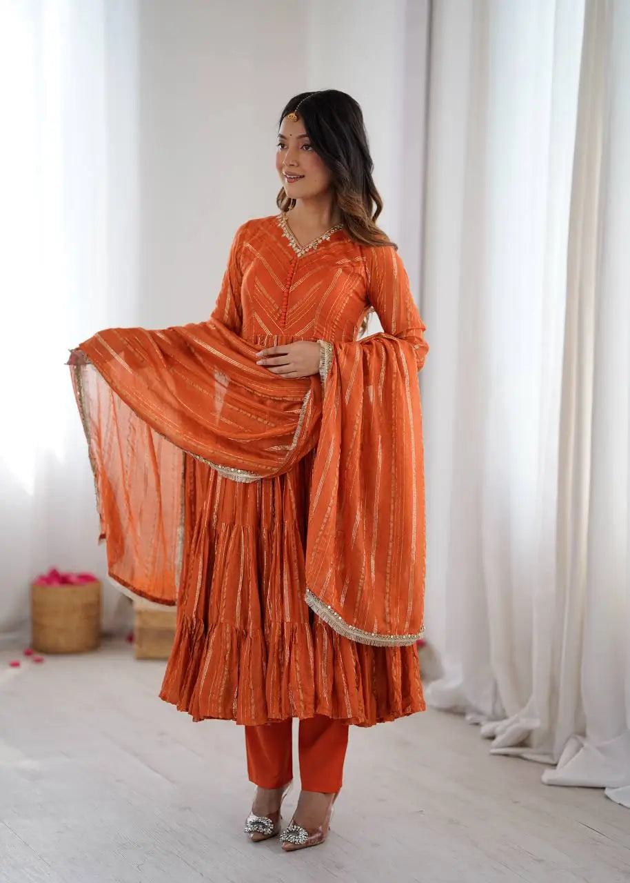 Mirror Work Mal Chanderi Ruffle Anarkali Set