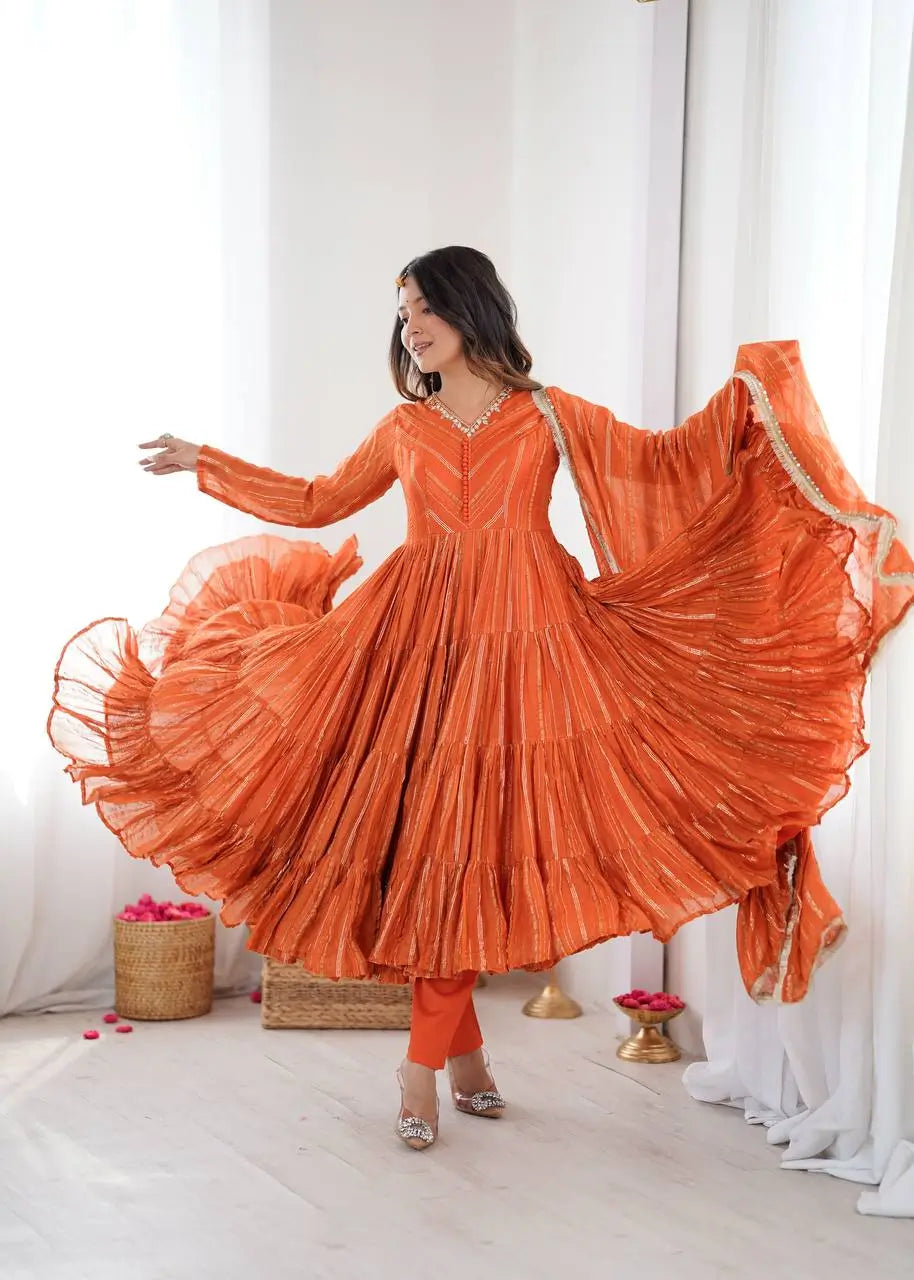 Mirror Work Mal Chanderi Ruffle Anarkali Set