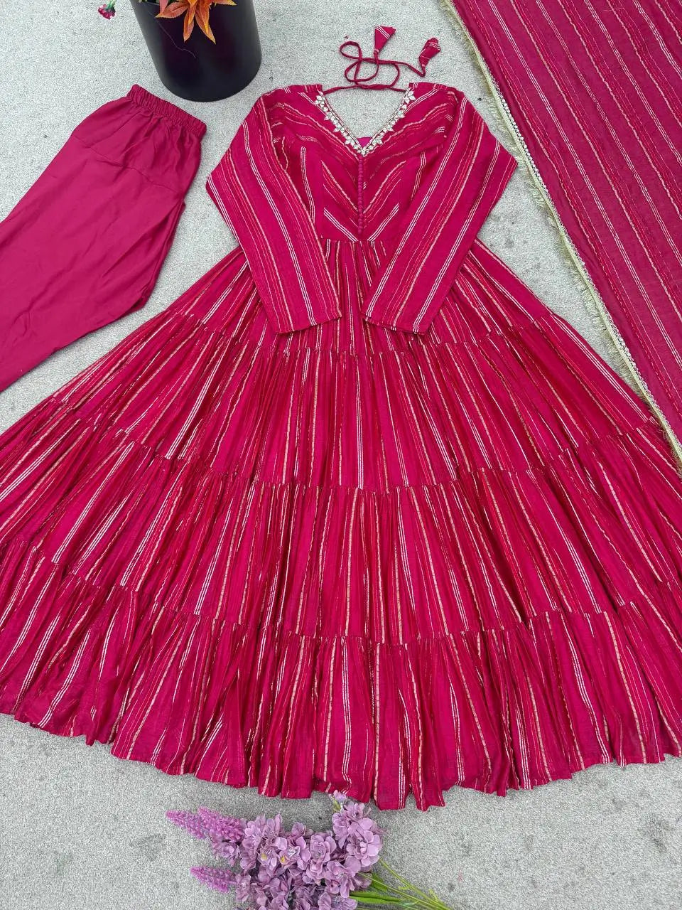 Mirror Work Mal Chanderi Ruffle Anarkali Set