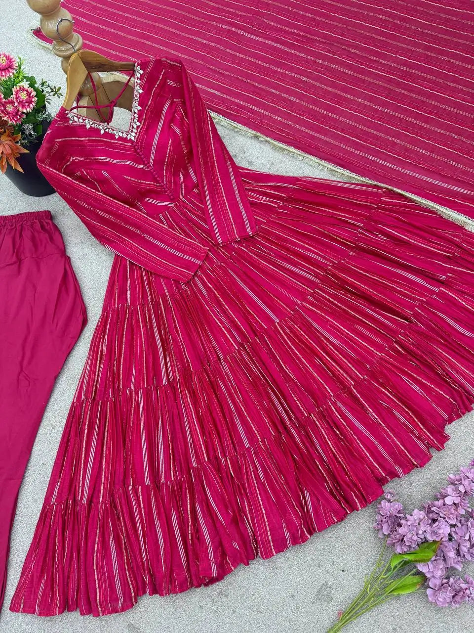 Mirror Work Mal Chanderi Ruffle Anarkali Set