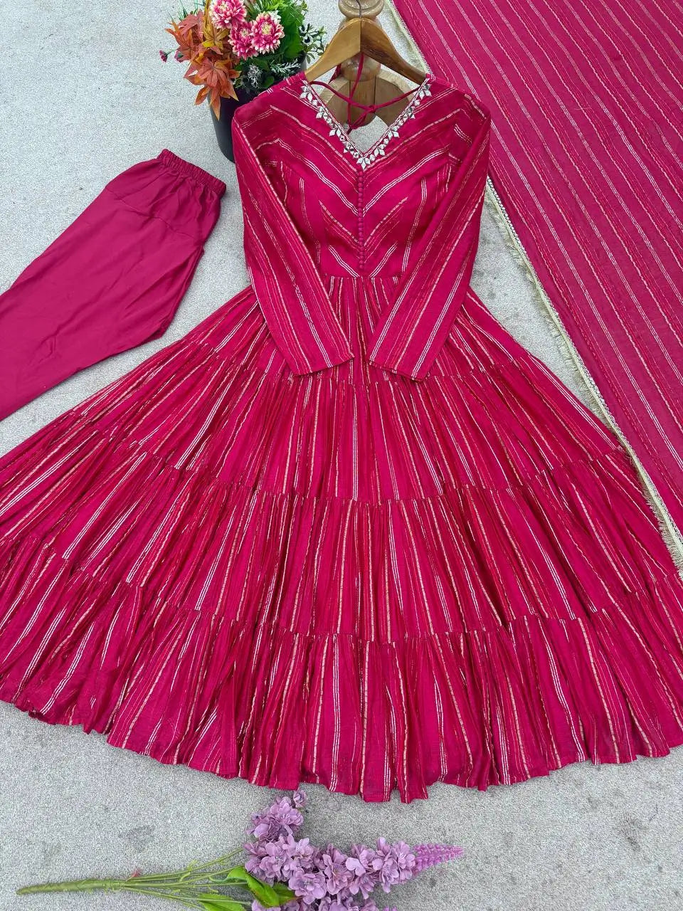 Mirror Work Mal Chanderi Ruffle Anarkali Set