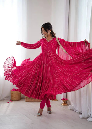 Mirror Work Mal Chanderi Ruffle Anarkali Set