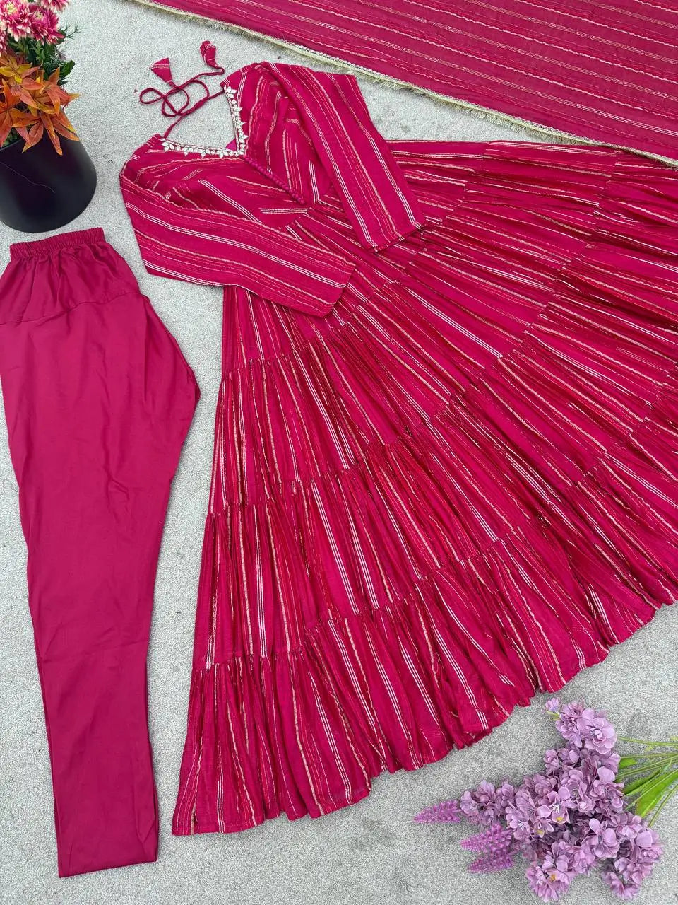 Mirror Work Mal Chanderi Ruffle Anarkali Set