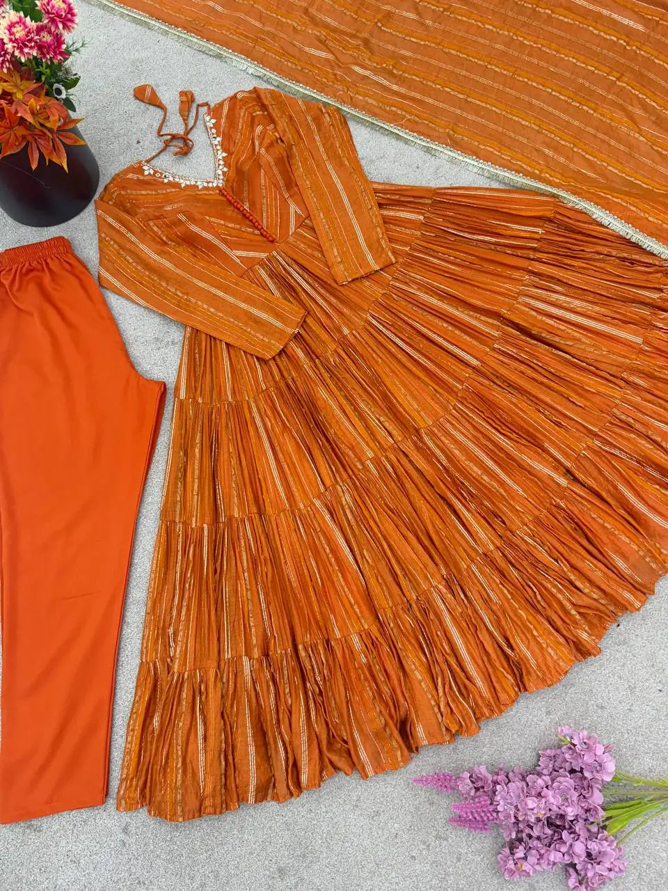 Mirror Work Mal Chanderi Ruffle Anarkali Set