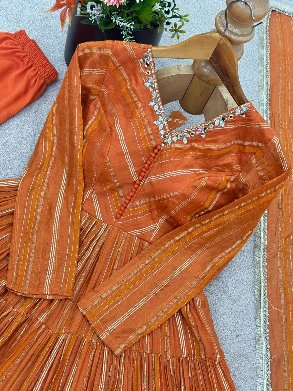 Mirror Work Mal Chanderi Ruffle Anarkali Set