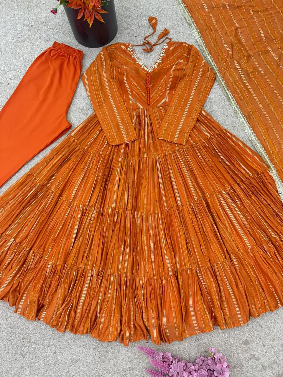 Mirror Work Mal Chanderi Ruffle Anarkali Set