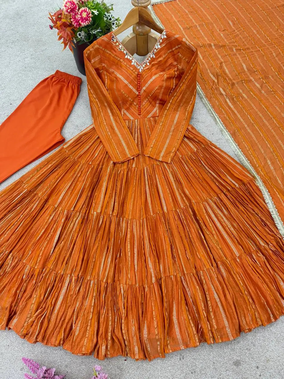 Mirror Work Mal Chanderi Ruffle Anarkali Set