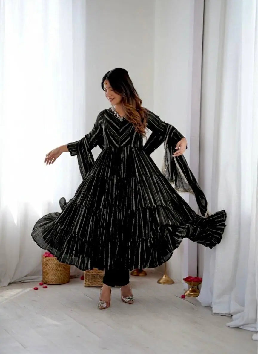 Mirror Work Mal Chanderi Ruffle Anarkali Set
