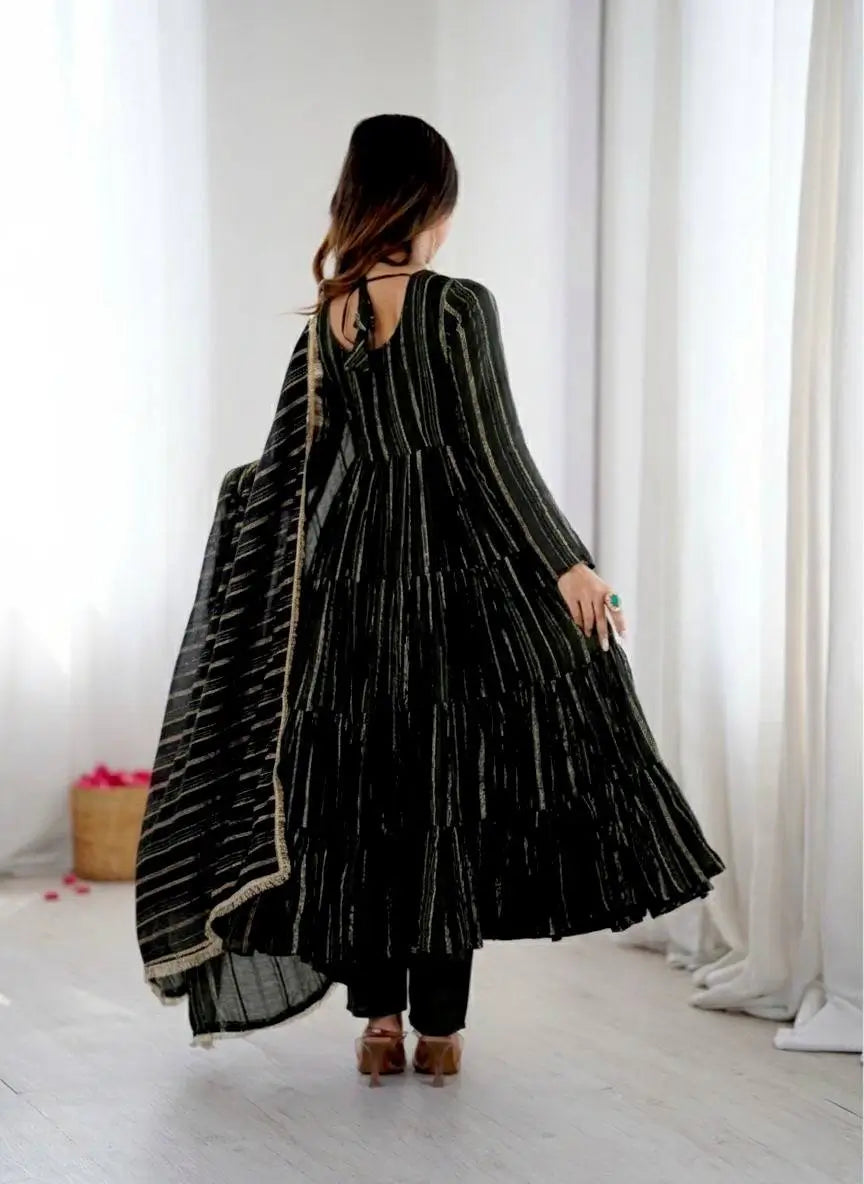 Mirror Work Mal Chanderi Ruffle Anarkali Set