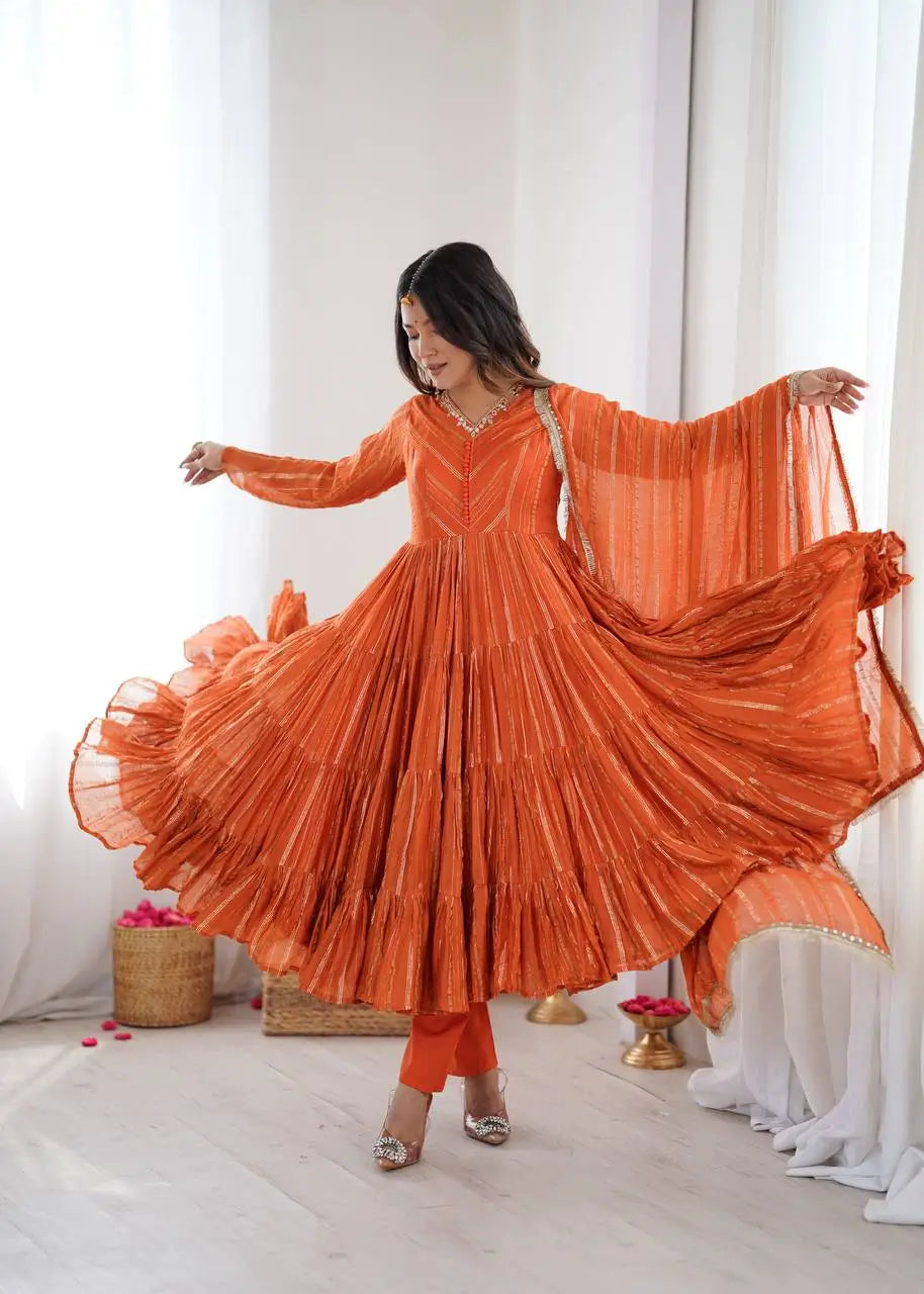 Mirror Work Mal Chanderi Ruffle Anarkali Set
