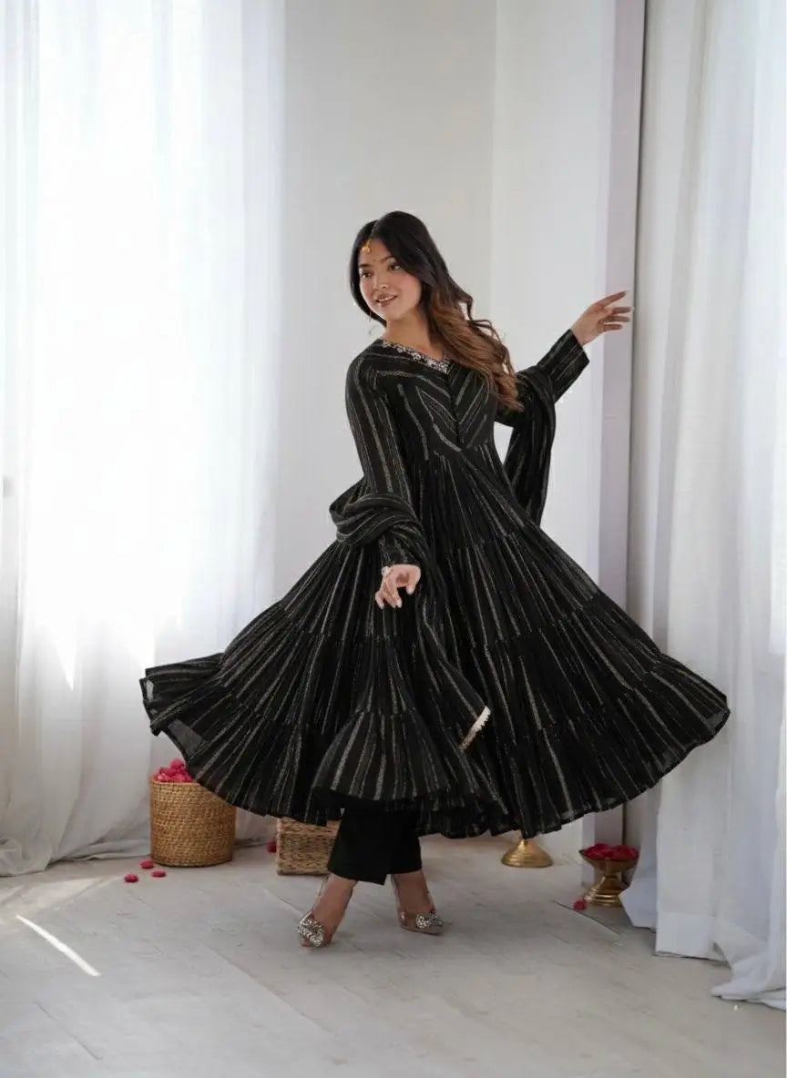 Mirror Work Mal Chanderi Ruffle Anarkali Set