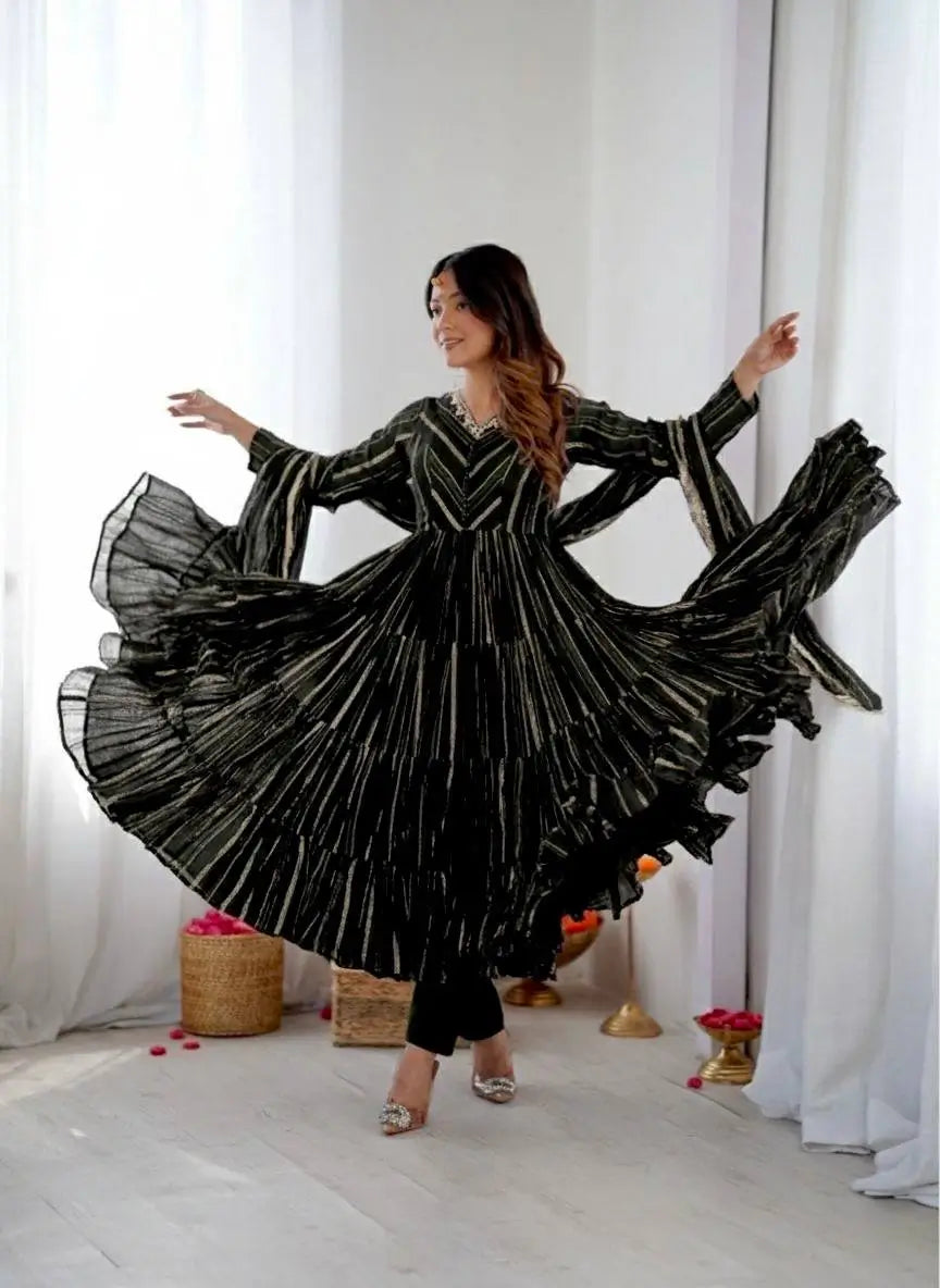 Mirror Work Mal Chanderi Ruffle Anarkali Set