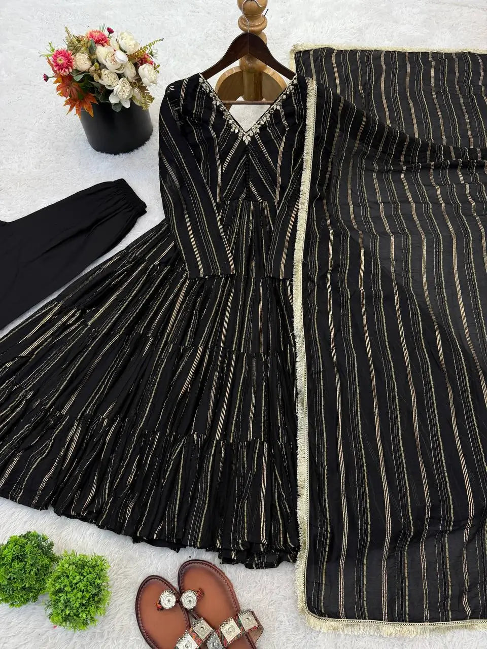 Mirror Work Mal Chanderi Ruffle Anarkali Set