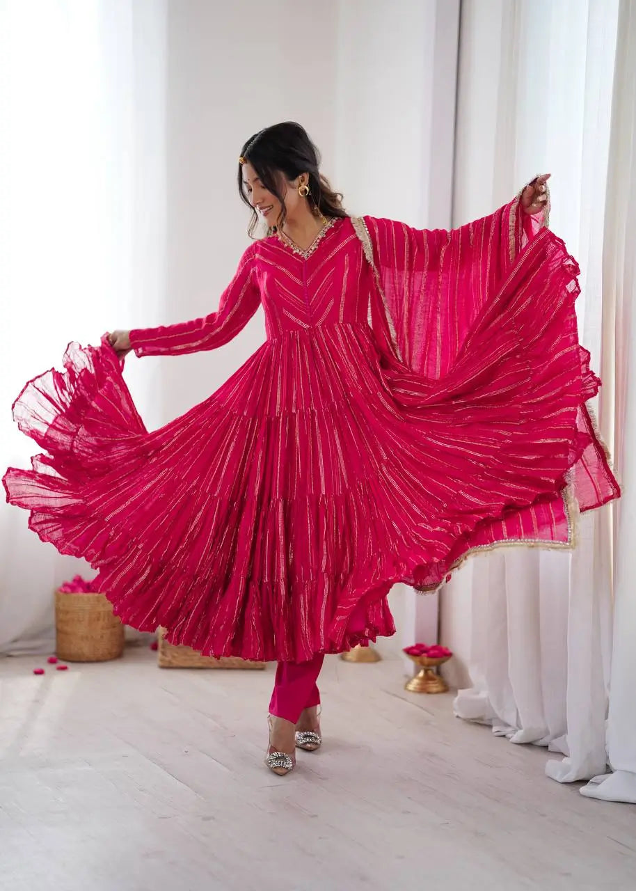 Mirror Work Mal Chanderi Ruffle Anarkali Set