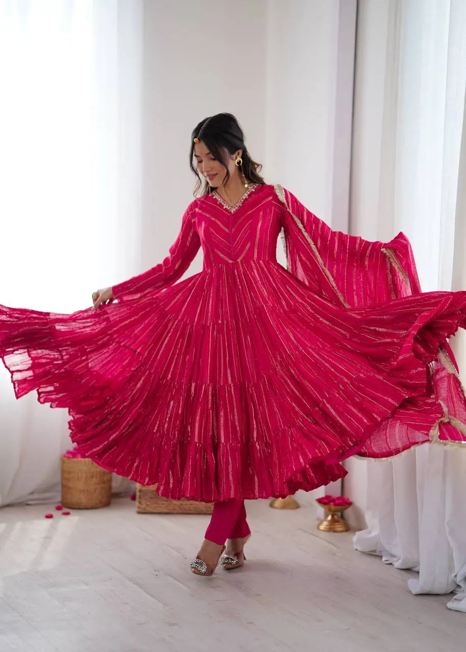 Mirror Work Mal Chanderi Ruffle Anarkali Set