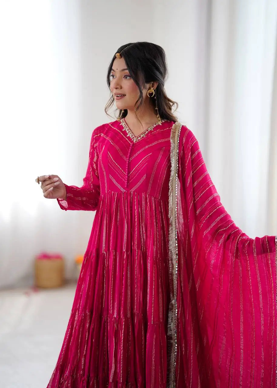 Mirror Work Mal Chanderi Ruffle Anarkali Set