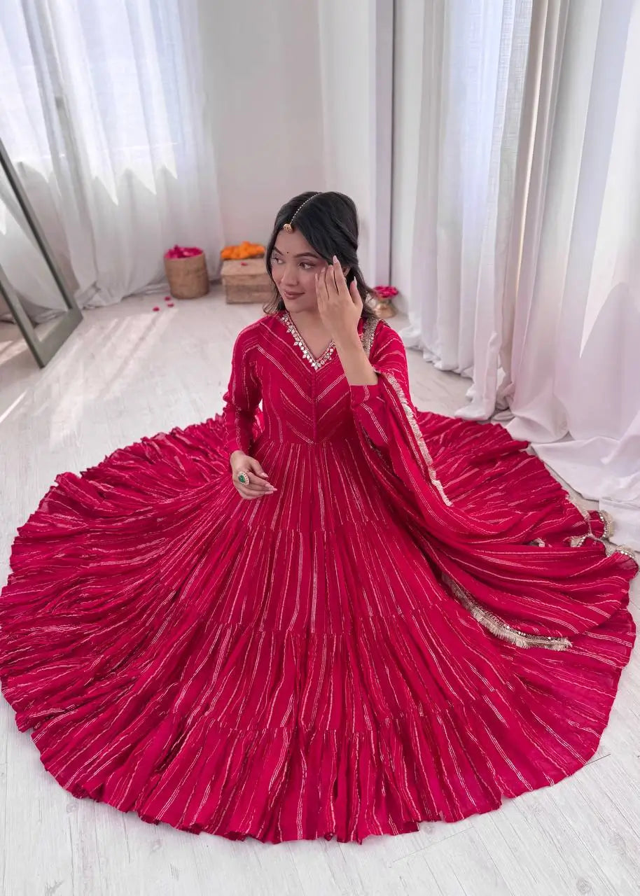 Mirror Work Mal Chanderi Ruffle Anarkali Set