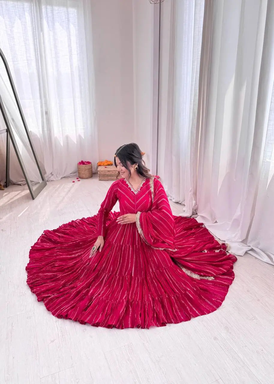 Mirror Work Mal Chanderi Ruffle Anarkali Set