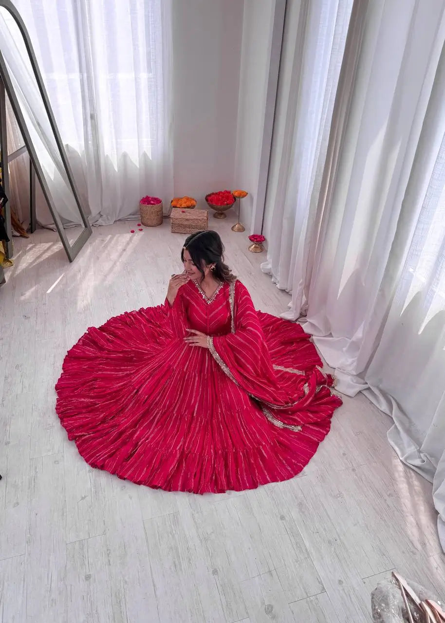 Mirror Work Mal Chanderi Ruffle Anarkali Set