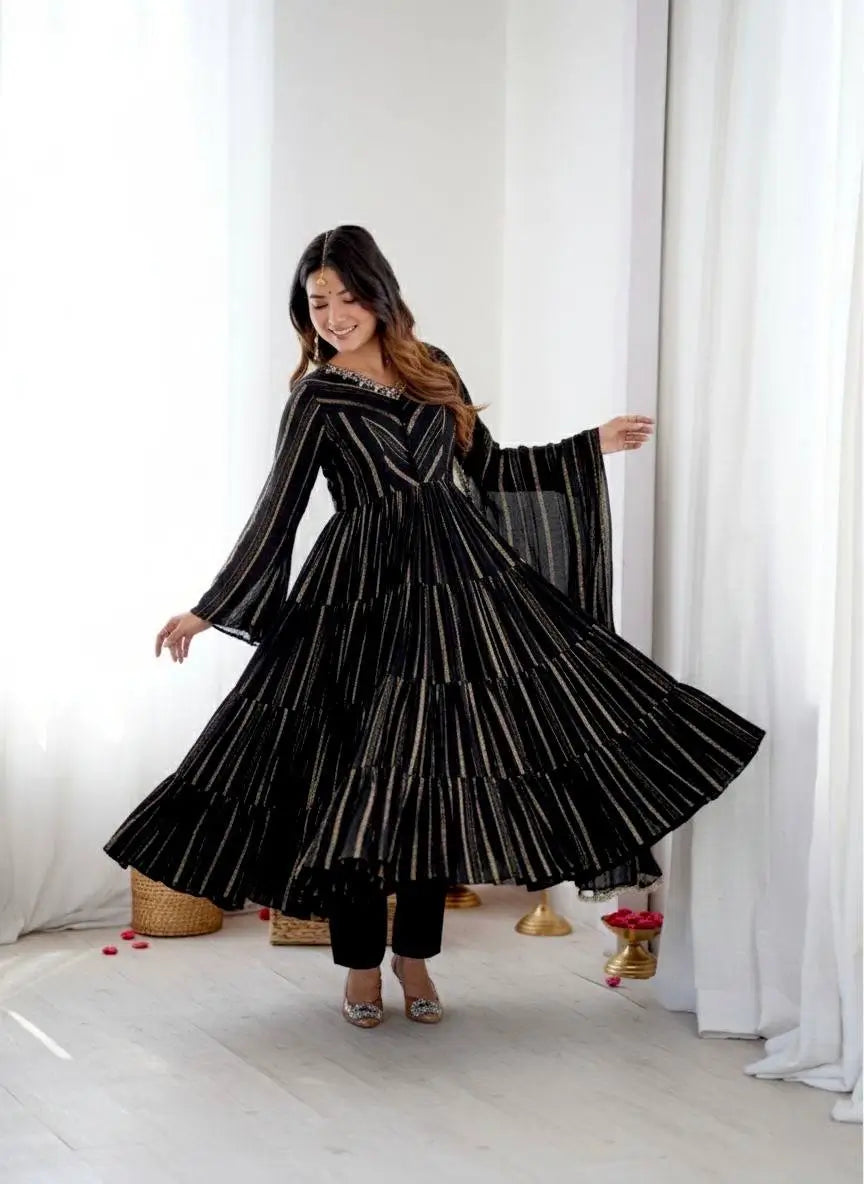 Mirror Work Mal Chanderi Ruffle Anarkali Set
