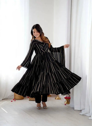 Mirror Work Mal Chanderi Ruffle Anarkali Set