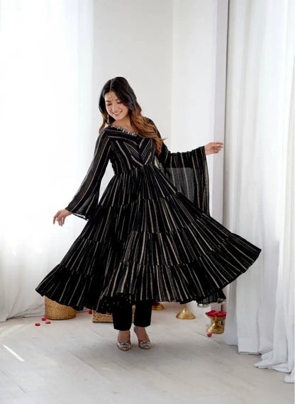 Mirror Work Mal Chanderi Ruffle Anarkali Set
