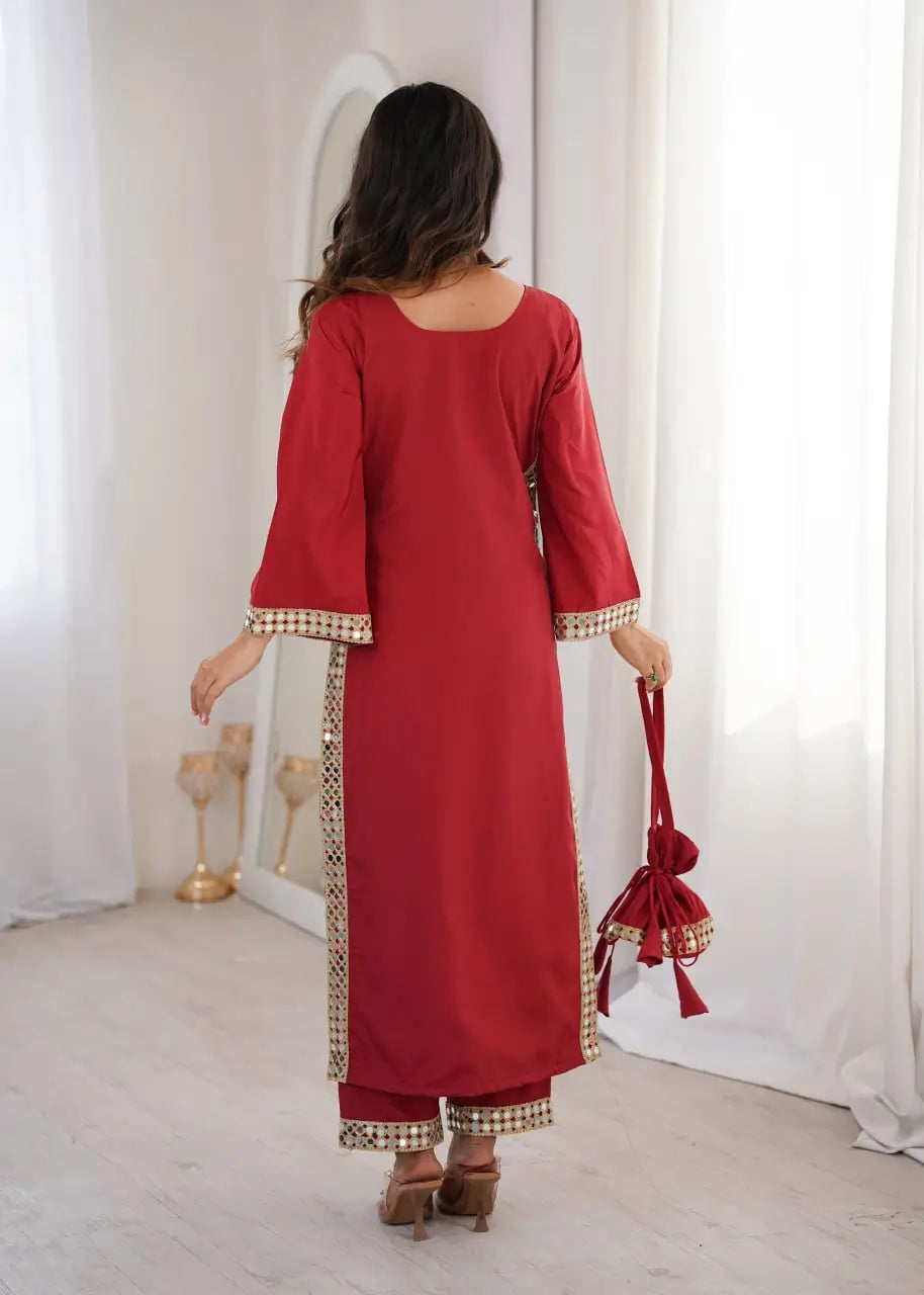 Mirror Work Natural Crepe Kurti Pant Set with Batwa for Festive Wear
