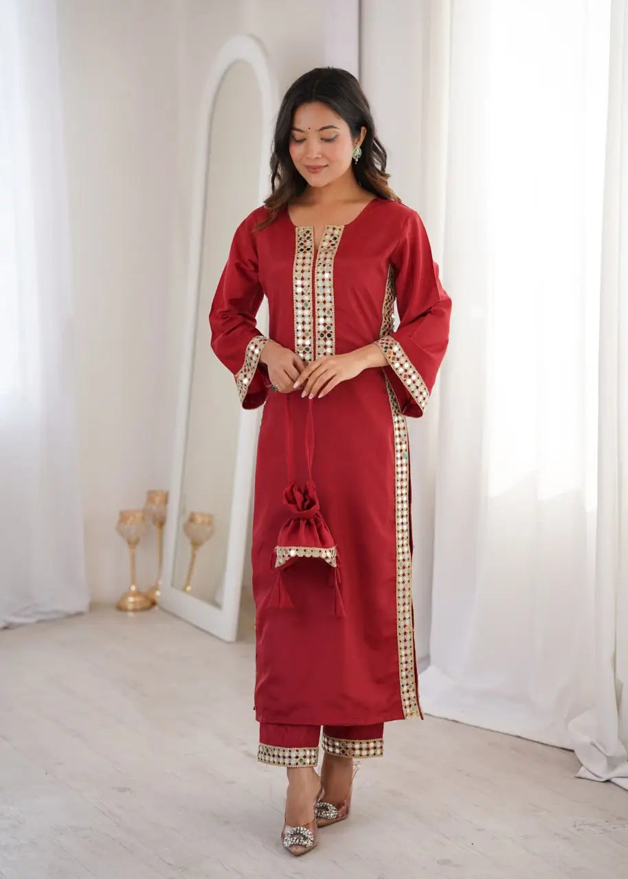 Mirror Work Natural Crepe Kurti Pant Set with Batwa for Festive Wear
