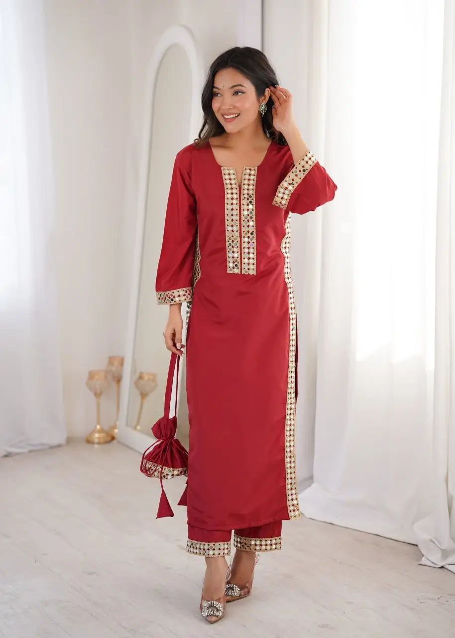 Mirror Work Natural Crepe Kurti Pant Set with Batwa for Festive Wear