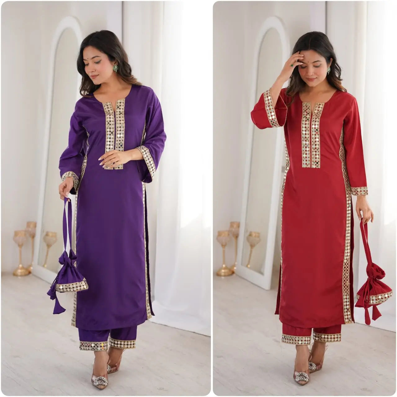 Mirror Work Natural Crepe Kurti Pant Set with Batwa for Festive Wear