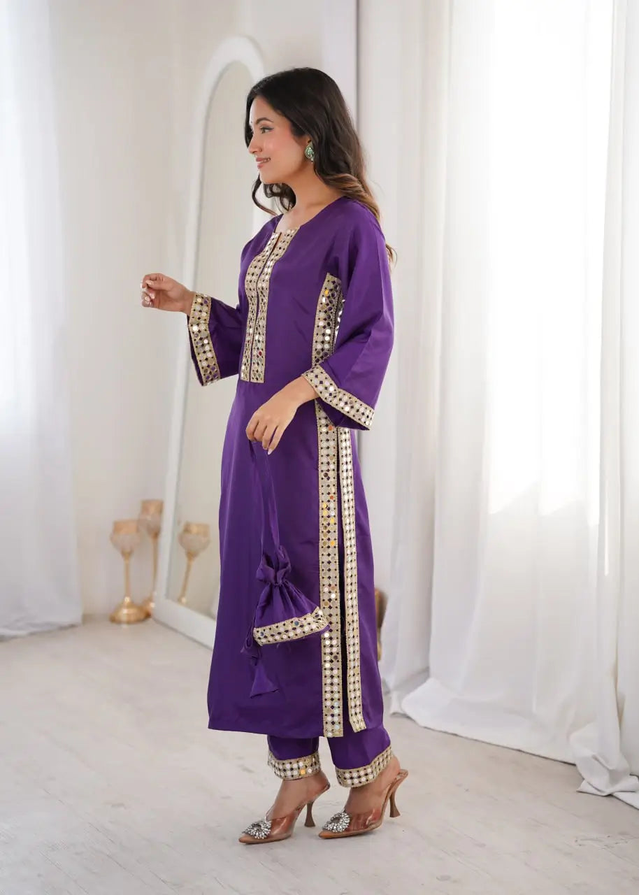 Mirror Work Natural Crepe Kurti Pant Set with Batwa for Festive Wear