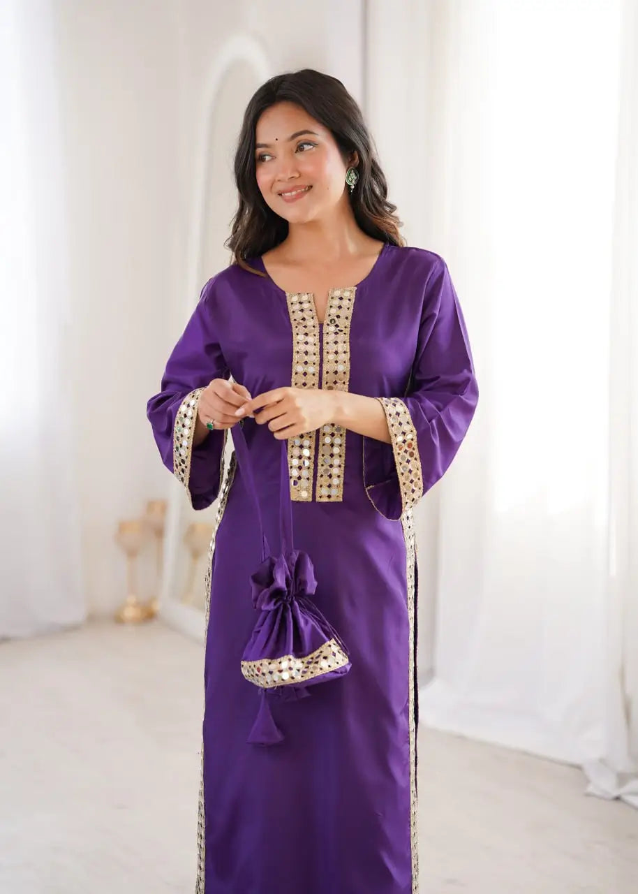 Mirror Work Natural Crepe Kurti Pant Set with Batwa for Festive Wear
