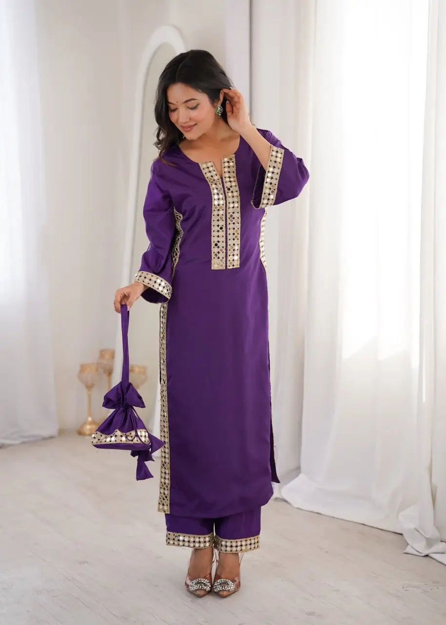 Mirror Work Natural Crepe Kurti Pant Set with Batwa for Festive Wear