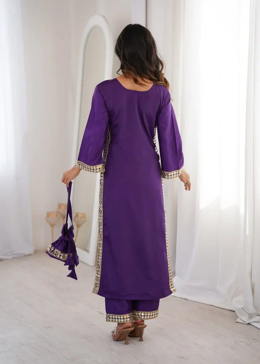 Mirror Work Natural Crepe Kurti Pant Set with Batwa for Festive Wear
