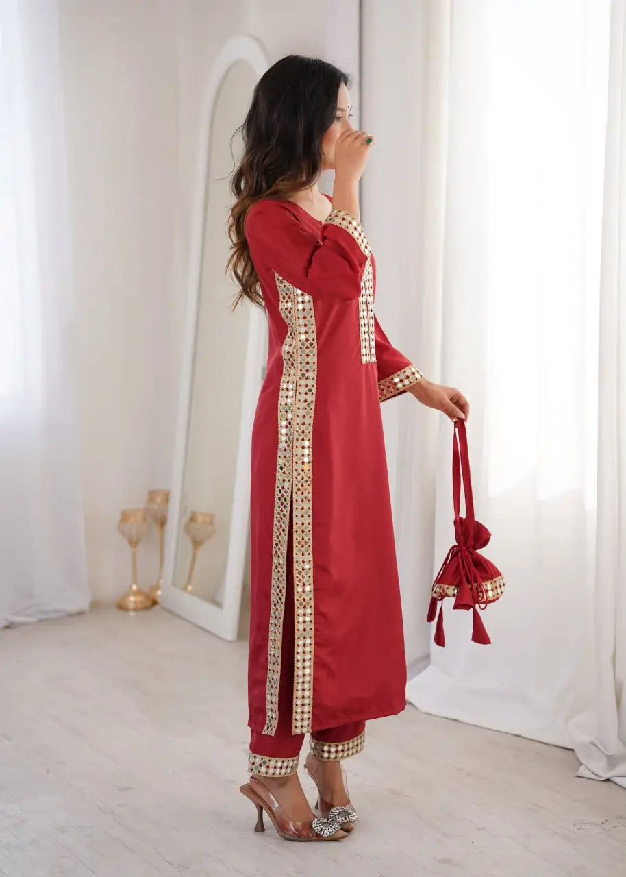 Mirror Work Natural Crepe Kurti Pant Set with Batwa for Festive Wear