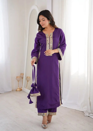 Mirror Work Natural Crepe Kurti Pant Set with Batwa for Festive Wear
