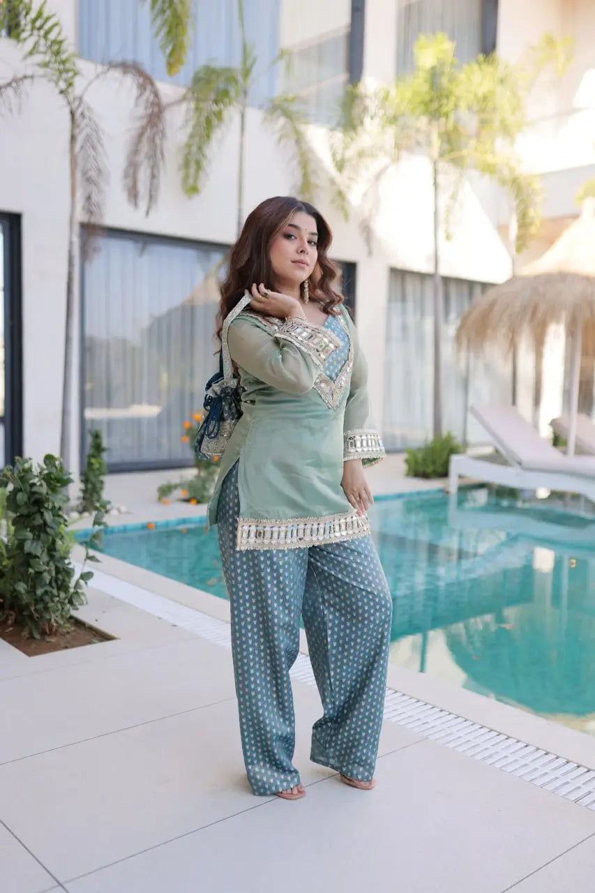 Mirror Work Salasa Kurta Pant Set with Batwa
