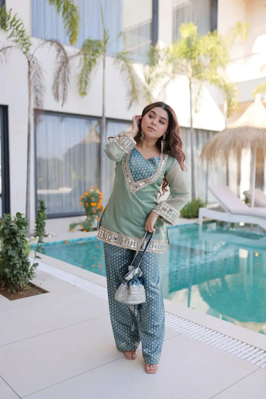 Mirror Work Salasa Kurta Pant Set with Batwa