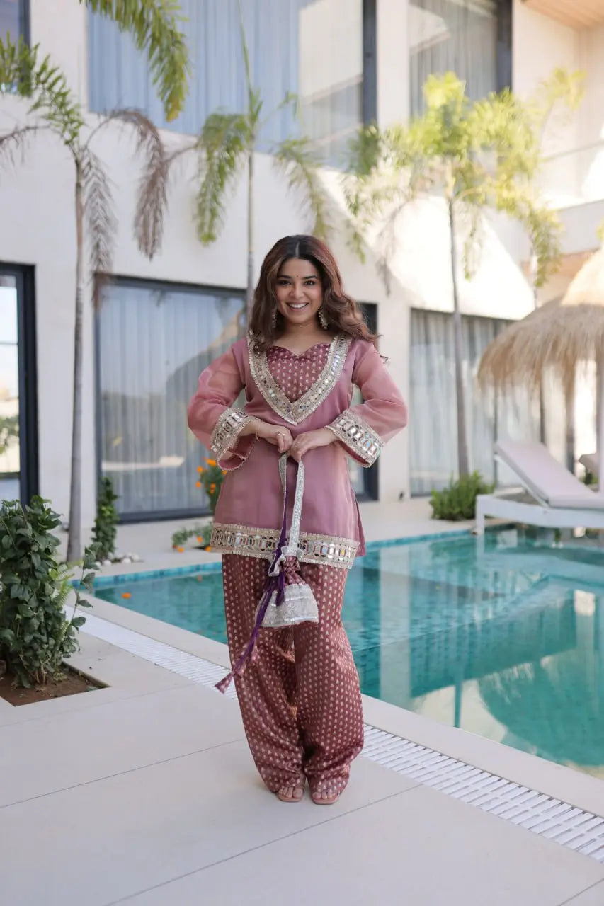 Mirror Work Salasa Kurta Pant Set with Batwa