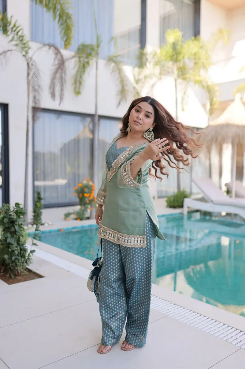Mirror Work Salasa Kurta Pant Set with Batwa