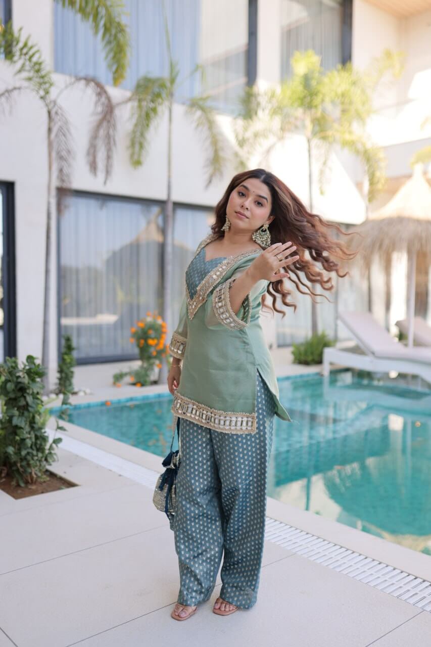 Mirror Work Salasa Kurta Pant Set with Batwa