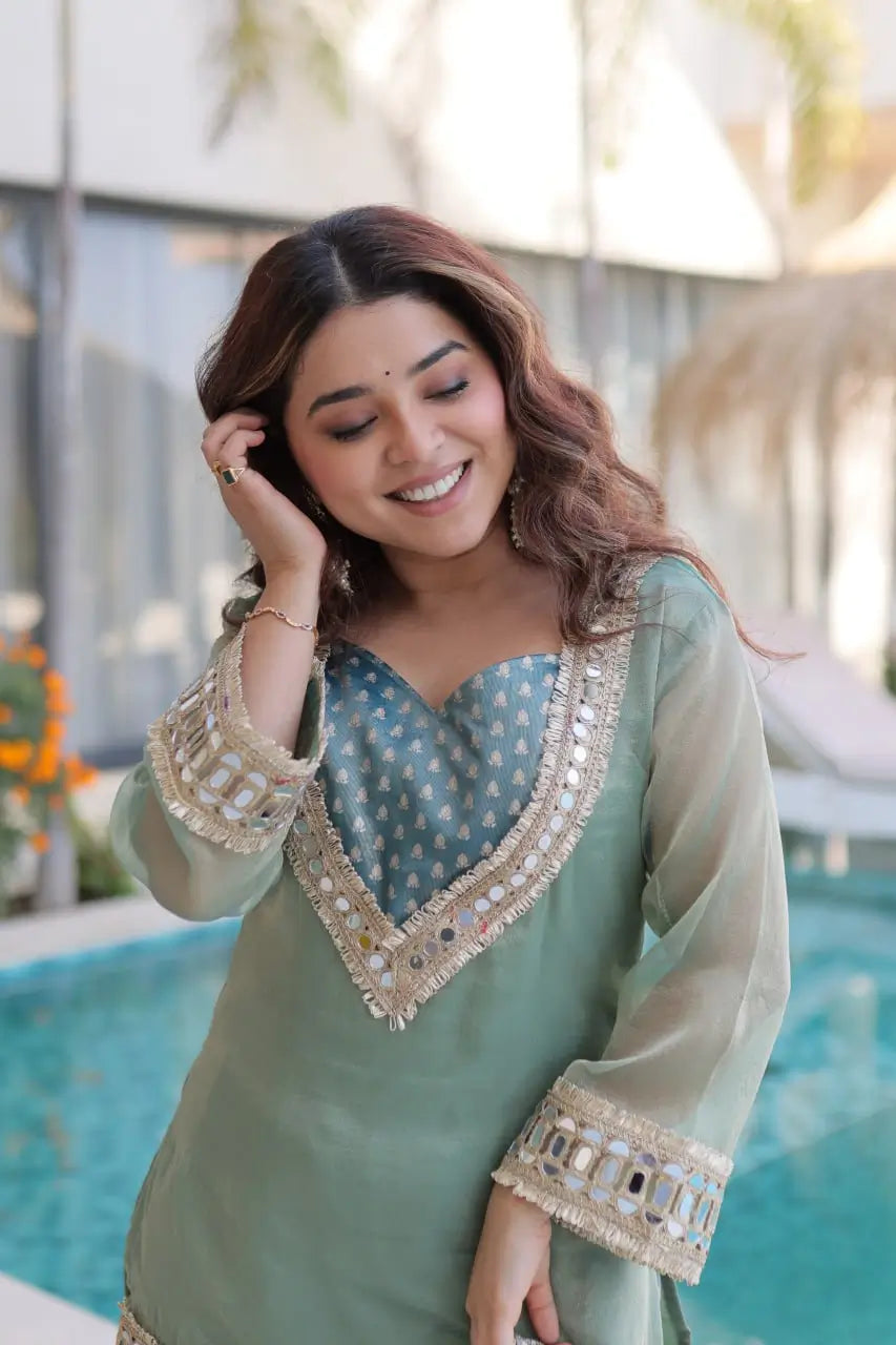 Mirror Work Salasa Kurta Pant Set with Batwa