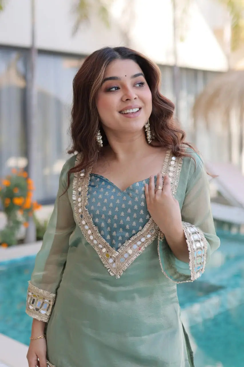 Mirror Work Salasa Kurta Pant Set with Batwa