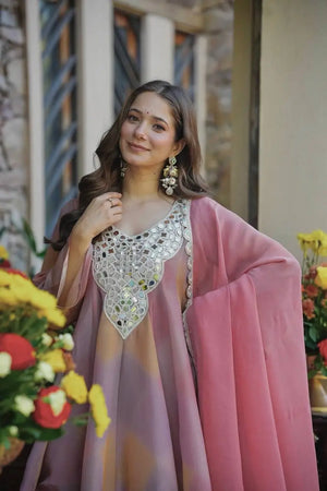 Mirror Work Silk Gown Palazzo Set with Dupatta
