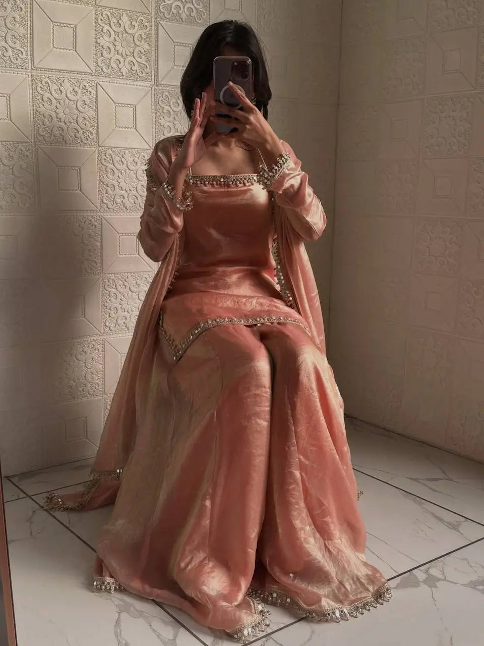 Mirror Work Silk Kurta Palazzo Set with Dupatta