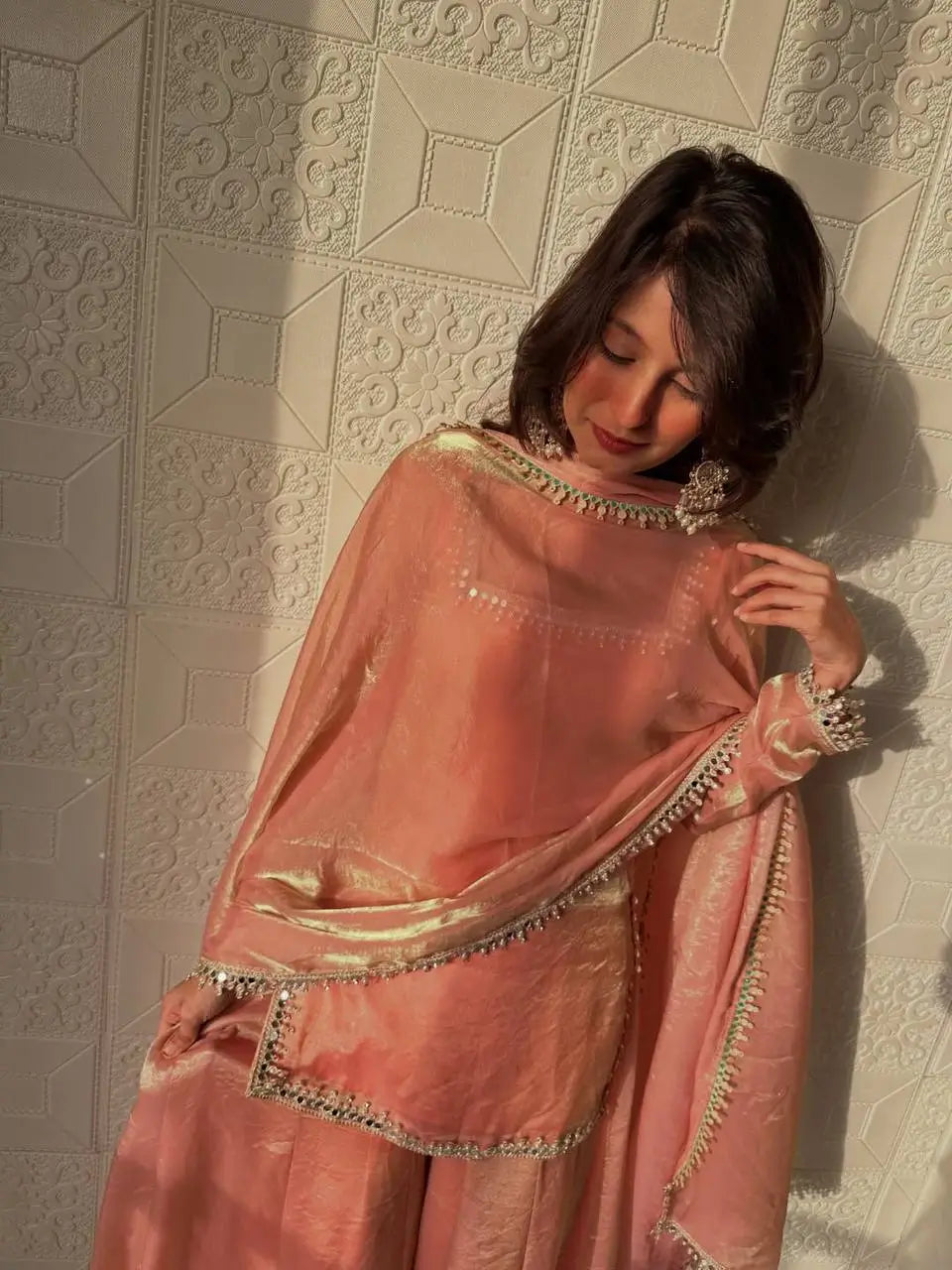 Mirror Work Silk Kurta Palazzo Set with Dupatta