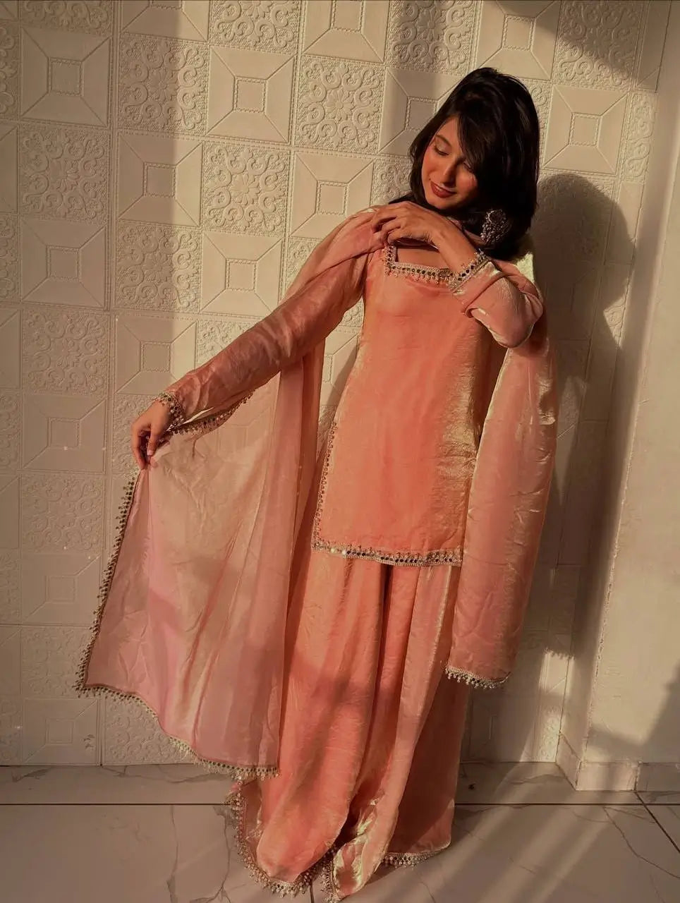 Mirror Work Silk Kurta Palazzo Set with Dupatta