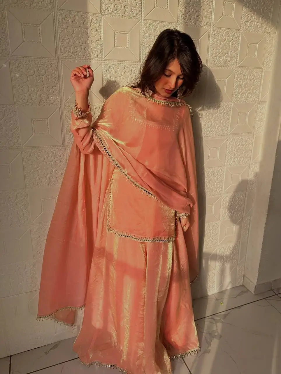 Mirror Work Silk Kurta Palazzo Set with Dupatta