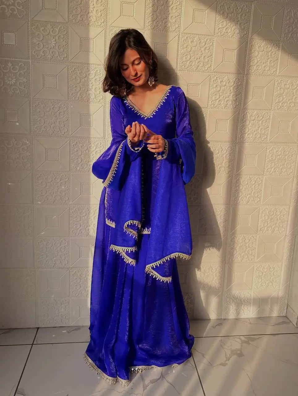 Mirror Work Silk Kurta Palazzo Set with Dupatta