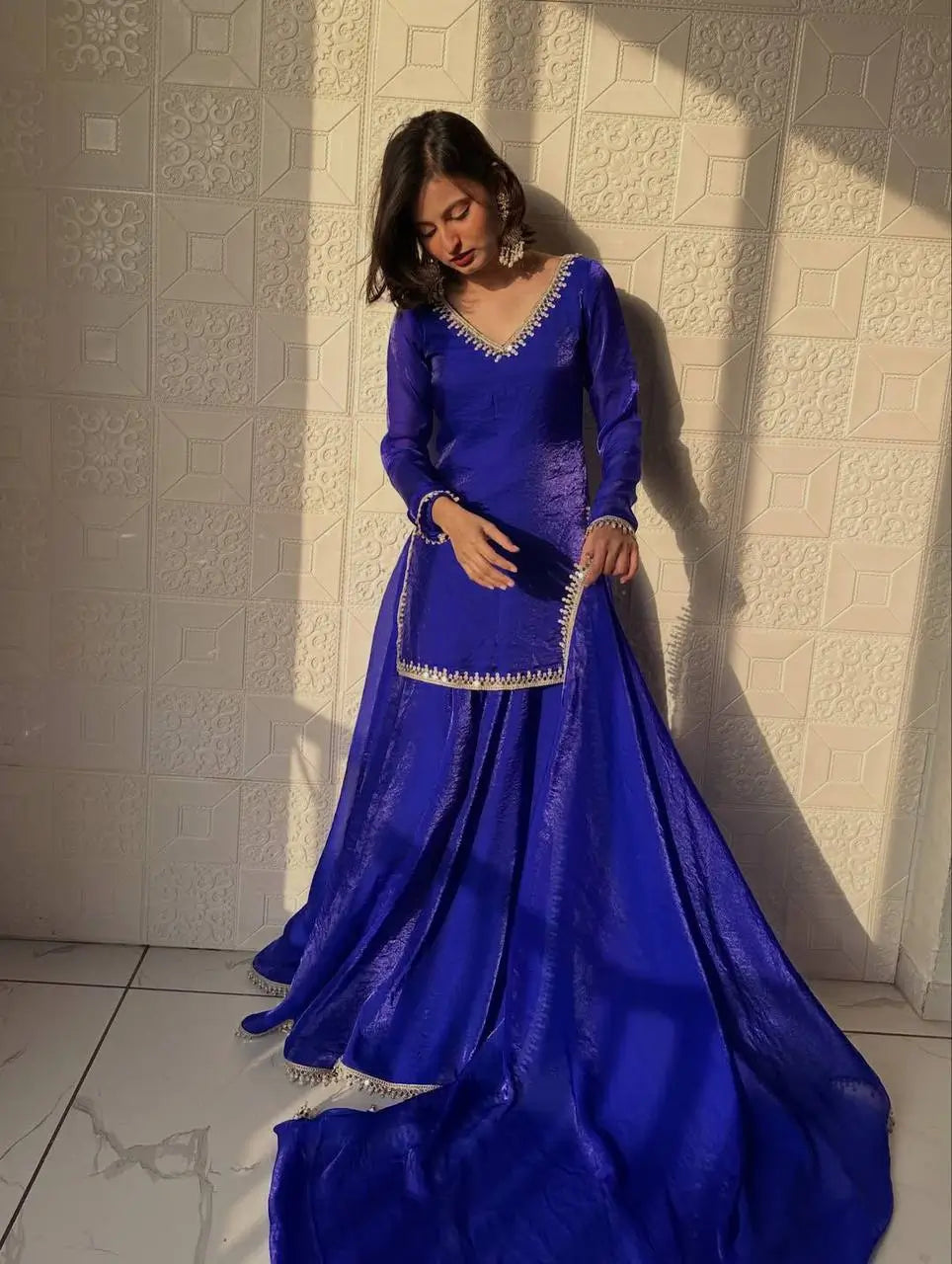 Mirror Work Silk Kurta Palazzo Set with Dupatta